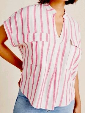 Maeve By Anthropologie Amira Utility Blouse Pink And Ivory Stripes Size Large.